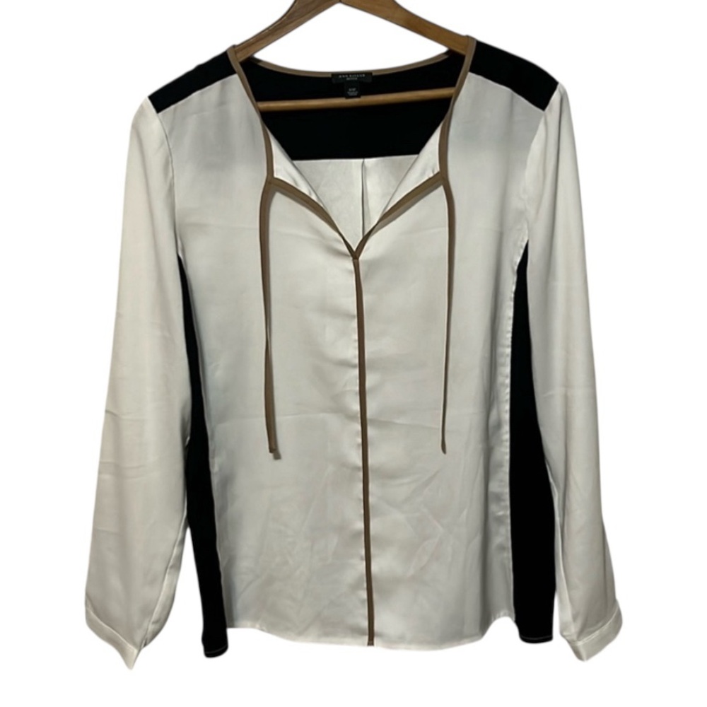 E1- white black and tan business casual long sleeve top Ann Taylor petite 12P